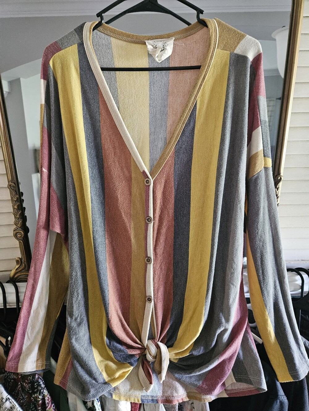Fantastic Fawn Striped Button-Front Tie-Hem Blouse in Yellow, Gray, Pink